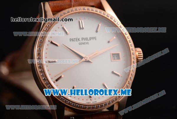 Patek Philippe Calatrava Miyota 9015 Automatic Rose Gold Case with White Dial Brown Leather Strap and Stick Markers Diamonds Bezel - Click Image to Close